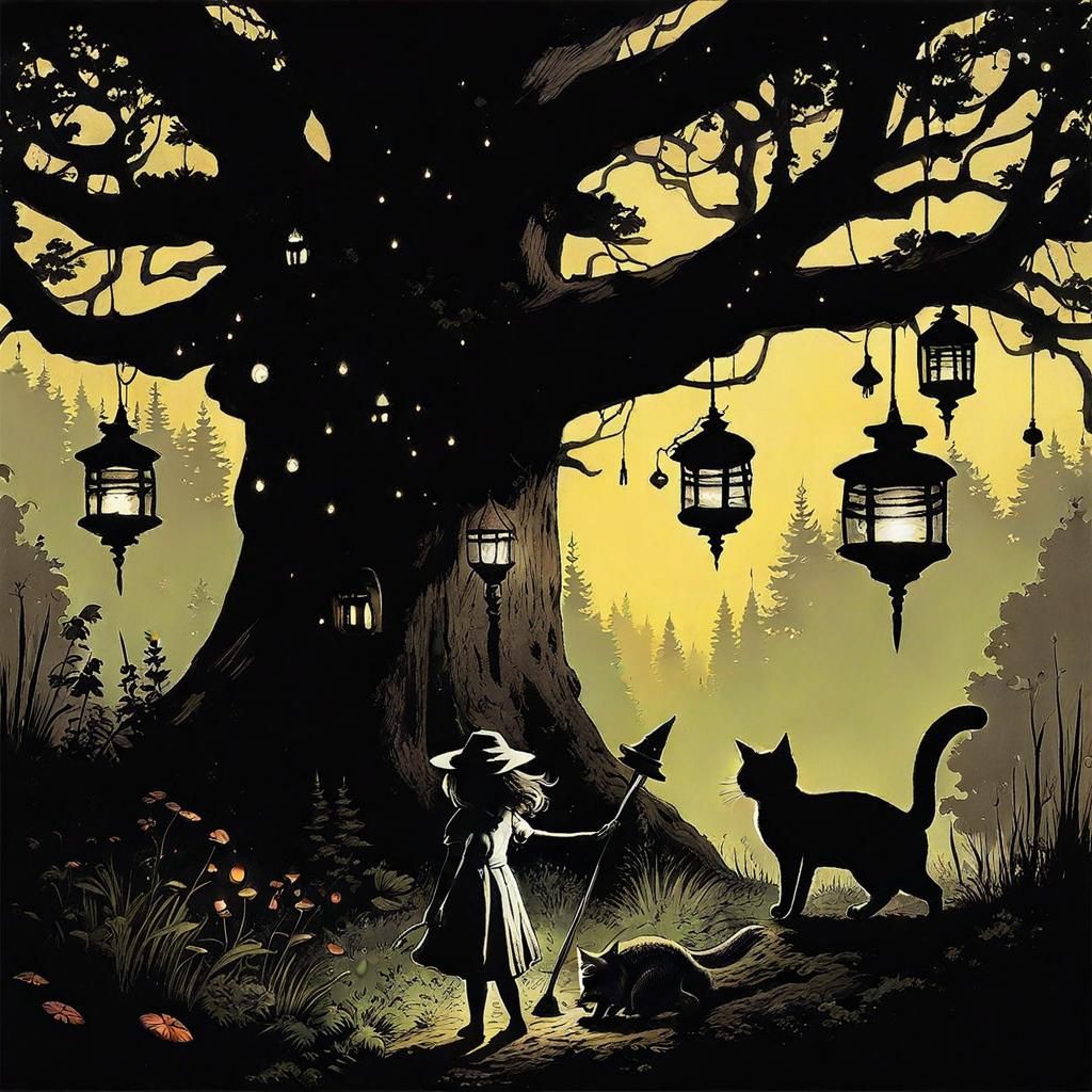 Enchanting Witch Girl and Cat by Magical Tree