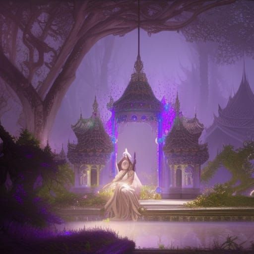 Moon Elf Queen's Palace in Summer Garden: Dark Fantasy
