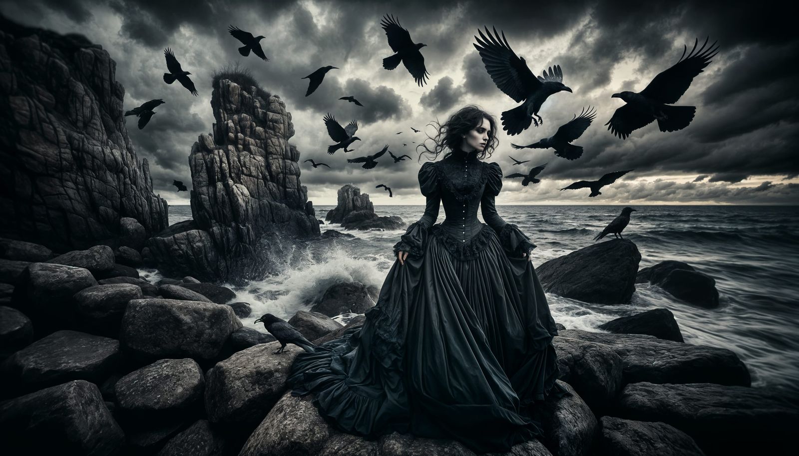 Gothic Lady Haunted by Ravens on Stormy Seashore