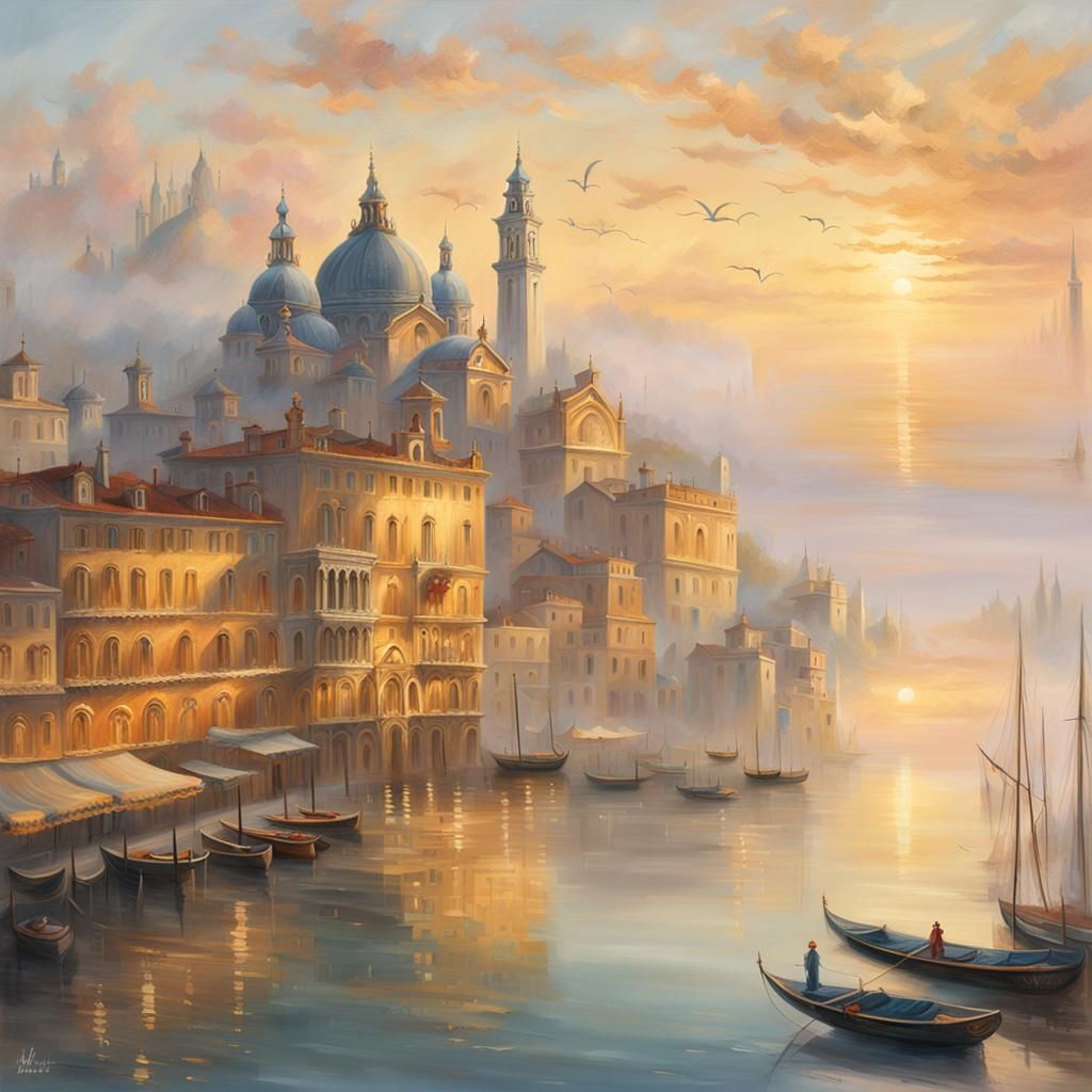 Venice Sunrise: Romantic Realism Oil Painting
