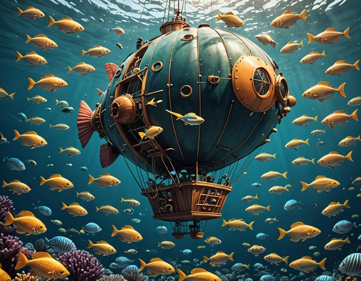 Hot Air Balloon Submarine Floats Among Fish