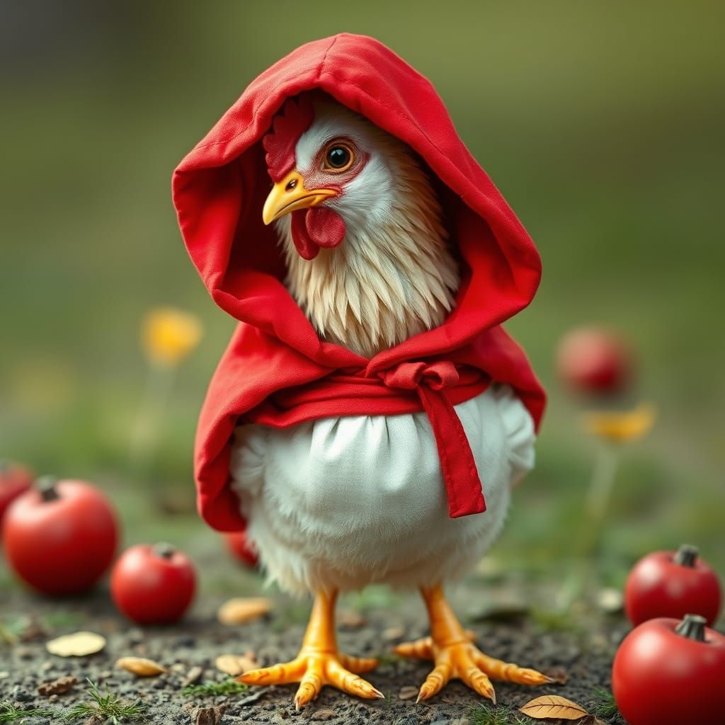Chicken Dressed as Little Red Riding Hood in Whimsical Illus...