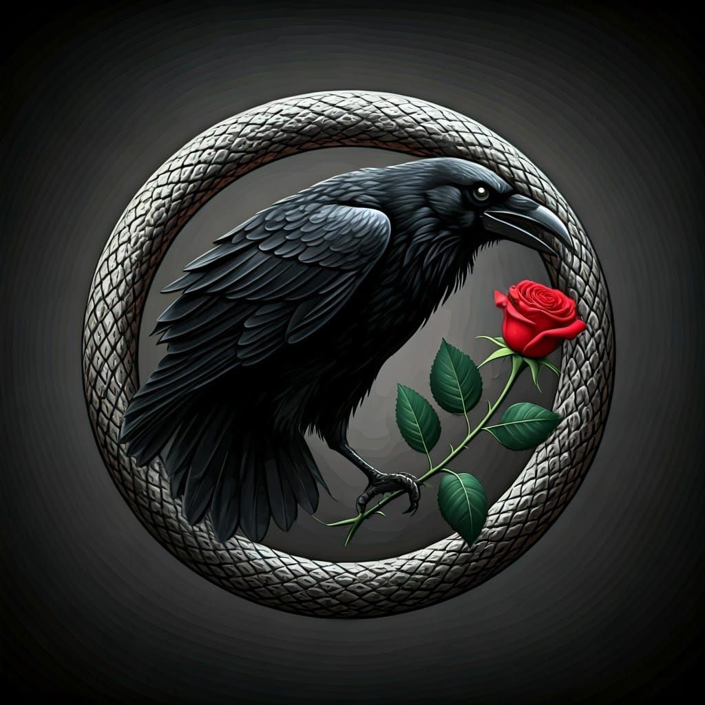 Silver-Gray Ouroboros Serpent Devours Tail with Black Raven ...