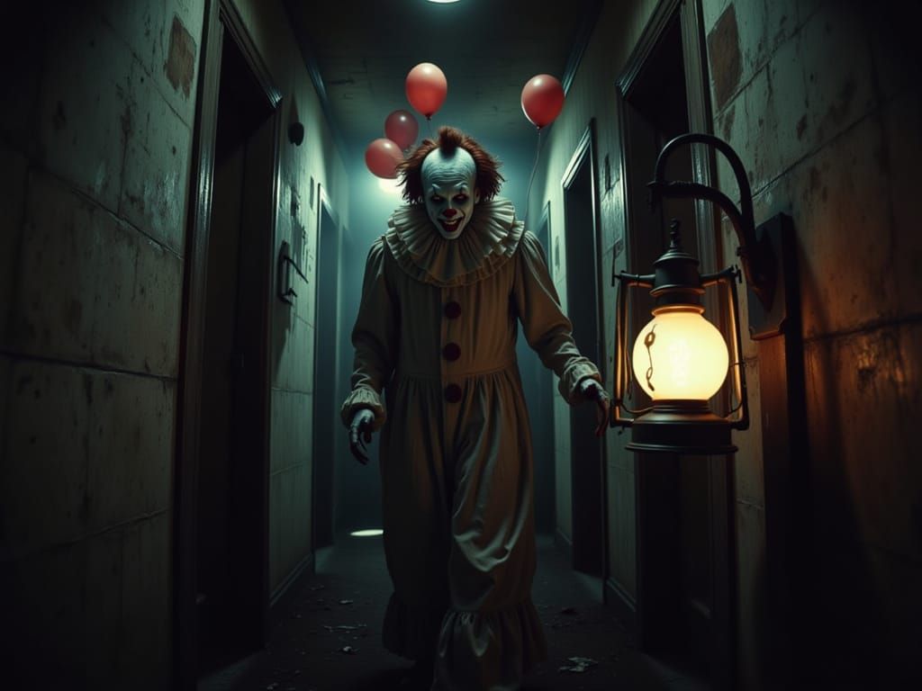 Terrifying Clown in Deserted Asylum: Psych-Horror Image