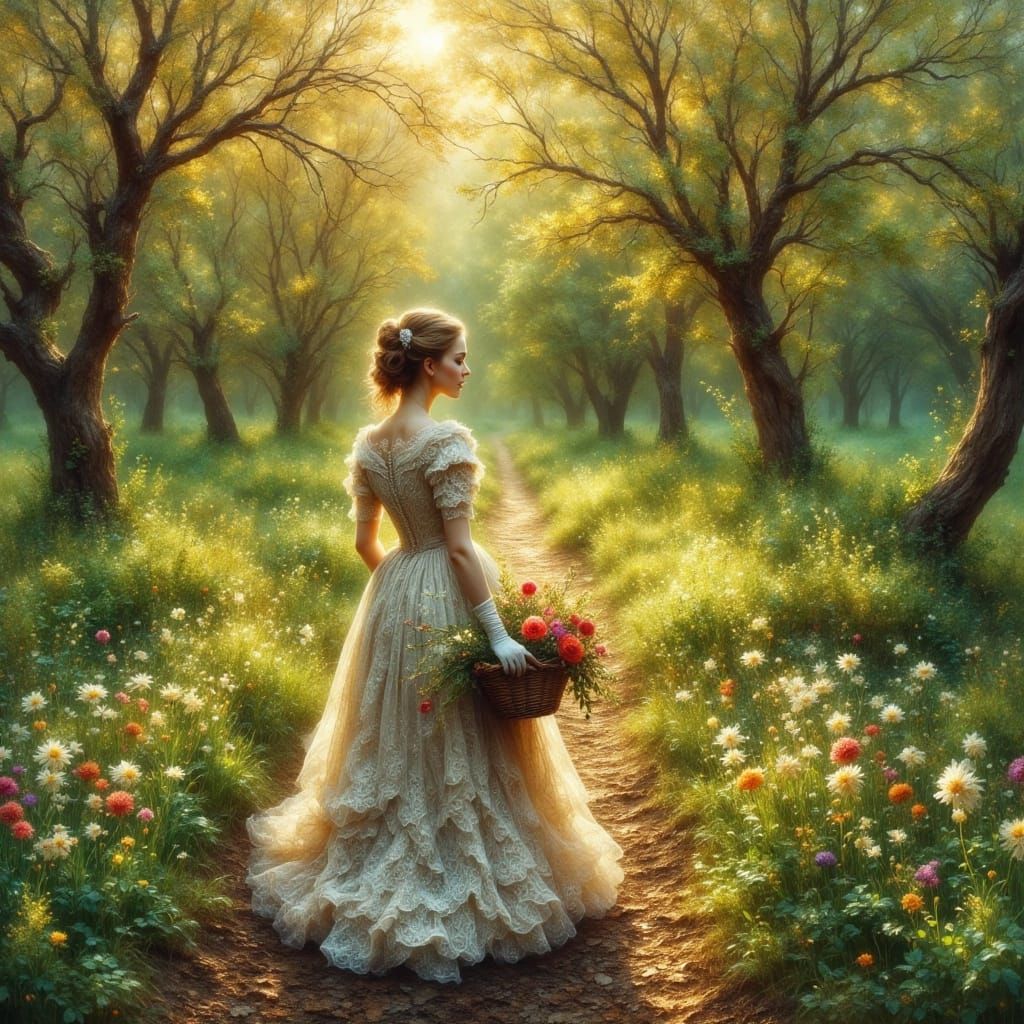 Victorian Lady With Flowers, in Pre-Raphaelite Style