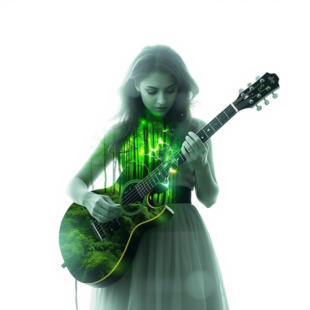 Ethereal Ghostly Woman Playing Mystical Guitar in Bamboo For...