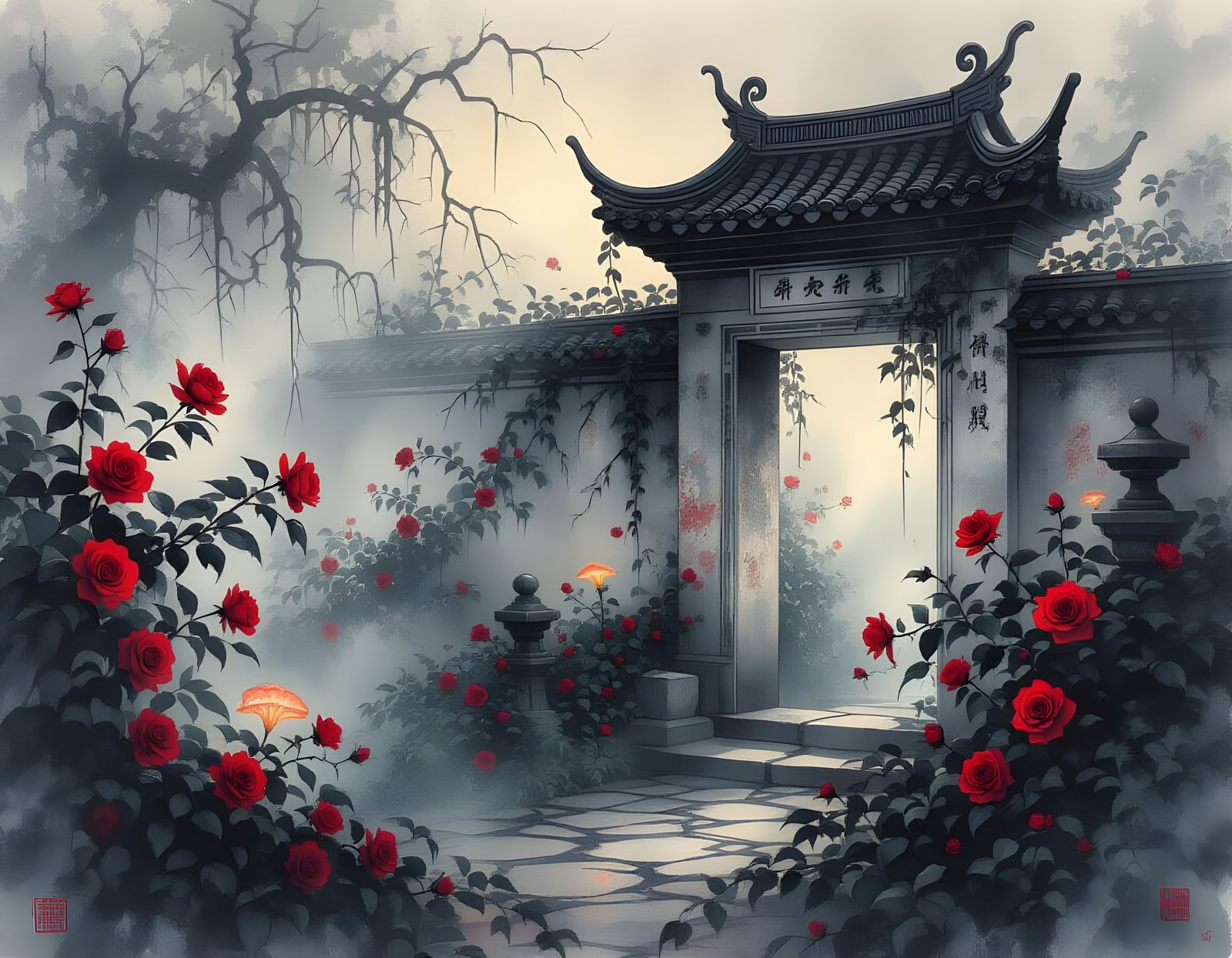 Eerie Midnight Garden in Traditional Chinese Ink Painting