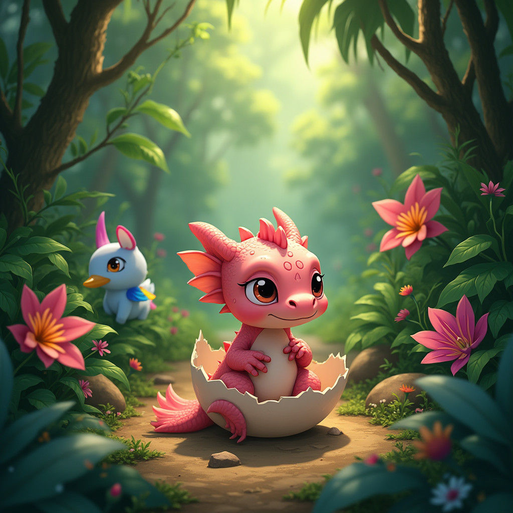 Pink Dragon Hatching in Lush Jungle, Anime Concept Art