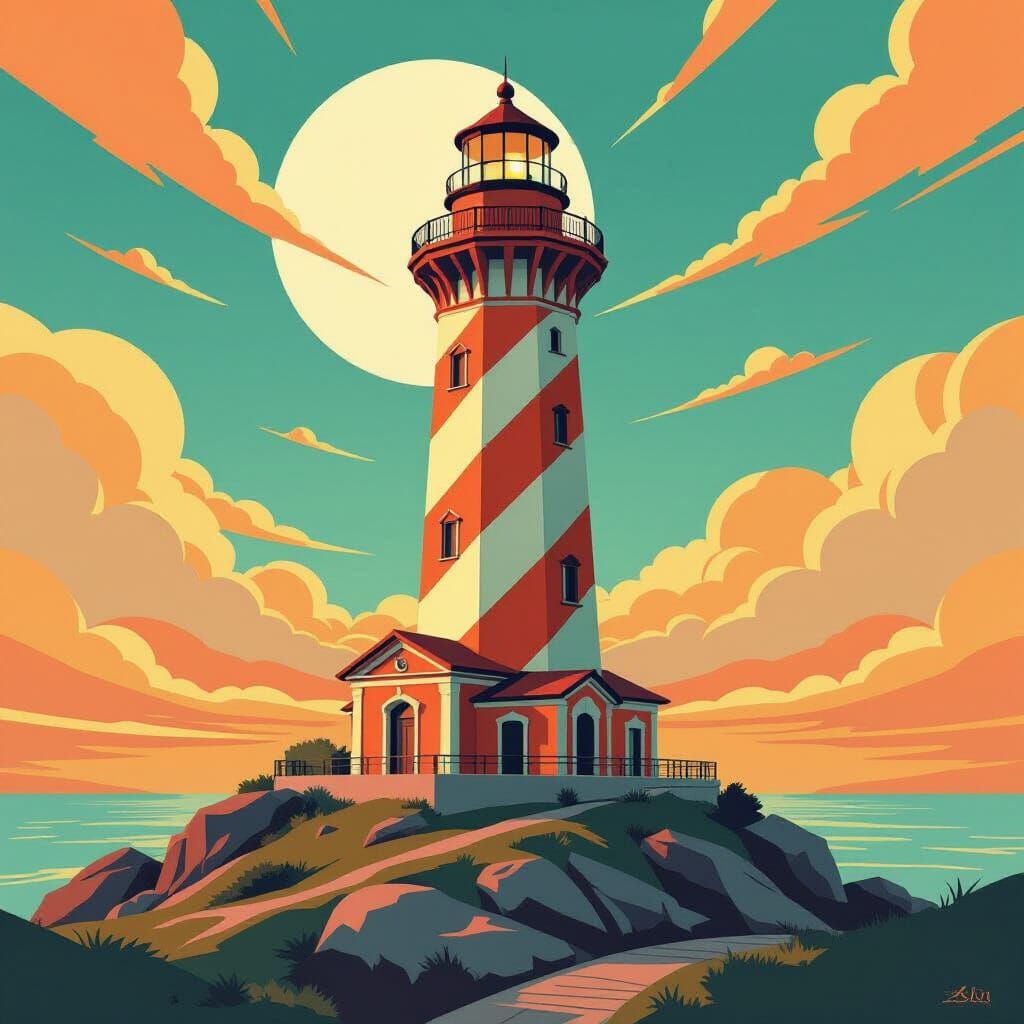 Neo-Cubist Lighthouse in Art Deco Style
