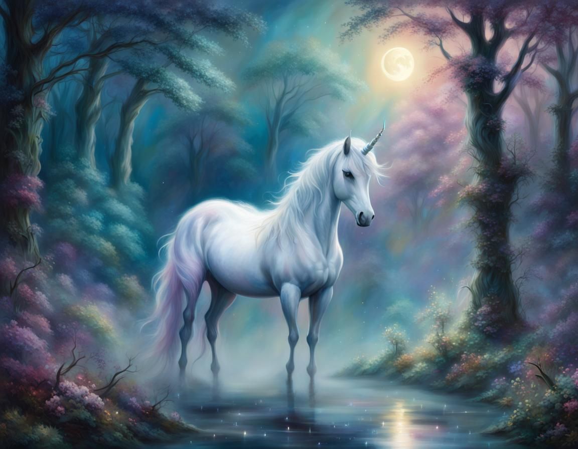 Ethereal Unicorn in Misty Forest: Fantasy Art