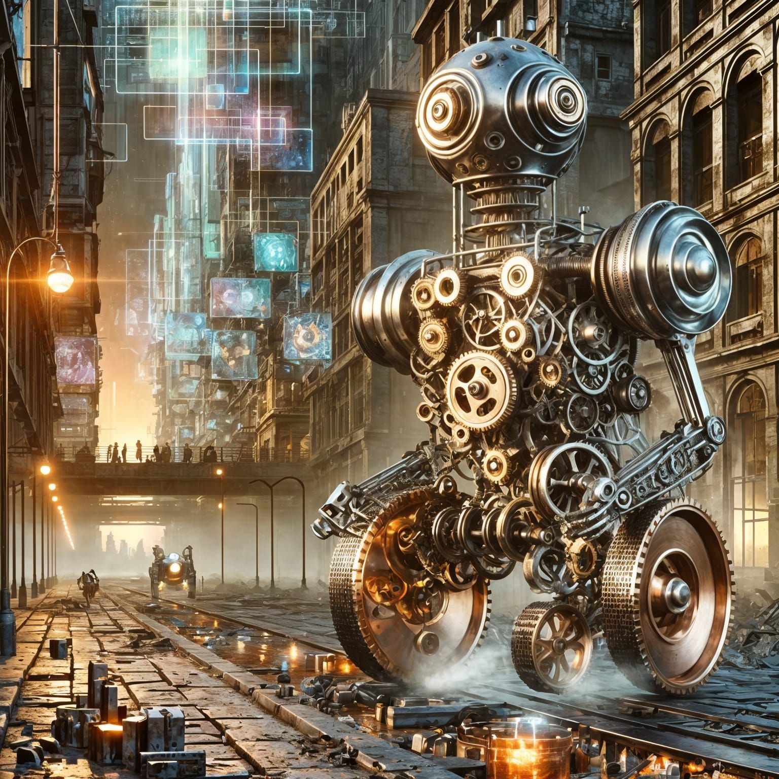 Steampunk Automaton Walks Through Dystopian City