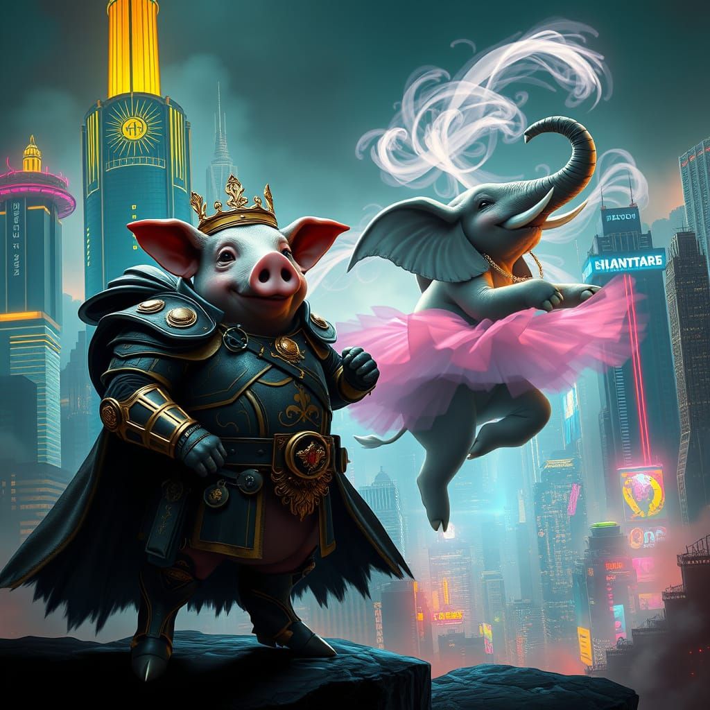 Cyberpunk Bounty Hunter Pig and Elegant Dancing Elephant