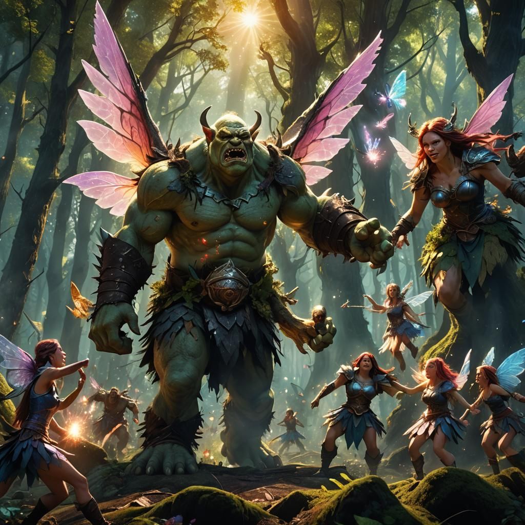 Ogre vs Fairies in Mystical Forest, Digital Art