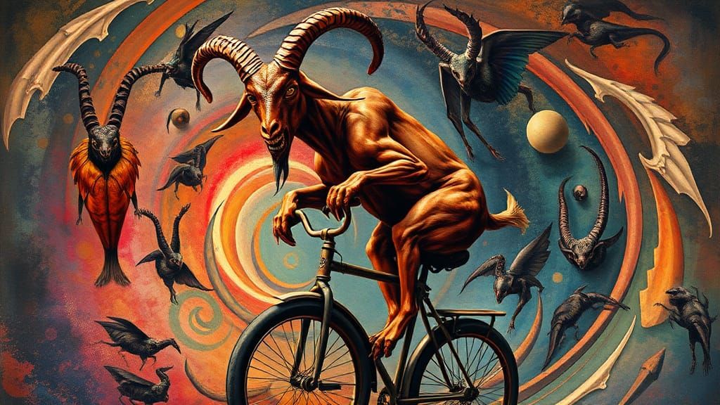 Devil Goat on Unicycle in Surreal Dreamscape