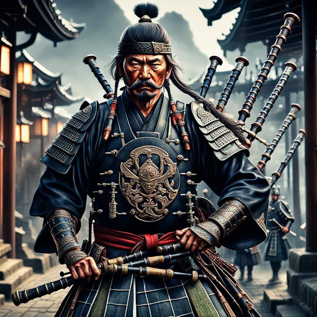 Celtic Samurai with Bagpipes: Hyperrealistic HDR Image