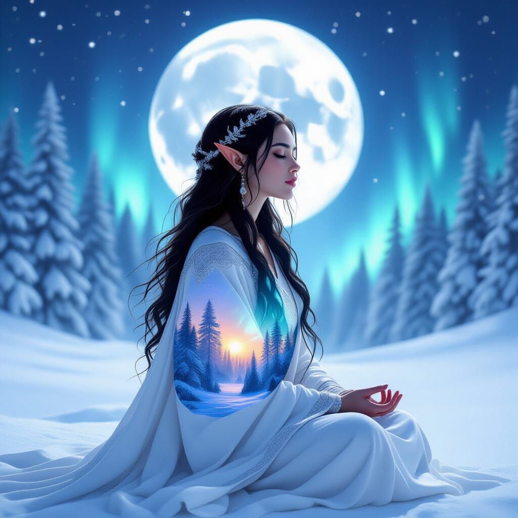 Elven Guide Silhouette with Moonlit Forest Double Exposure