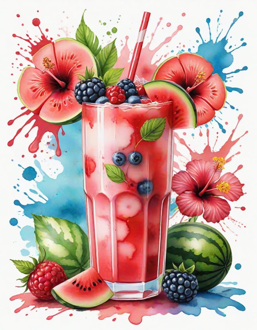 Watercolor Splash Art: Tropical Watermelon Smoothie