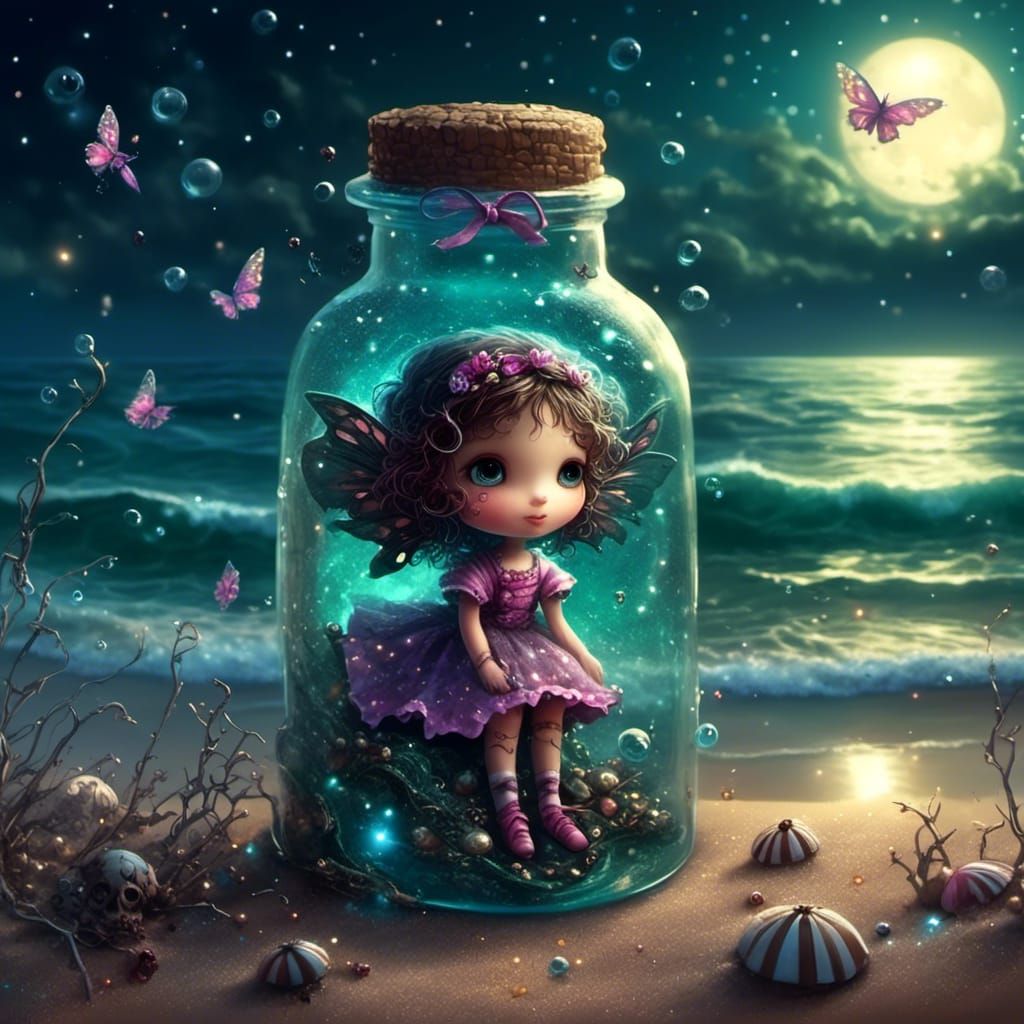 A tiny fairy girl stuck in an overturned bottle on the beach. A wavy sea in the moonlight. the stars are shining. fairy ...