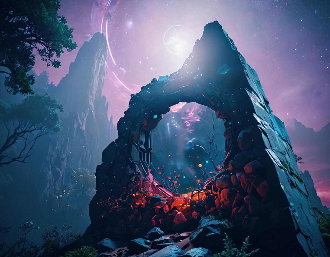 Surreal Hexagon Portal Behind Mountain in Dreamlike Style
