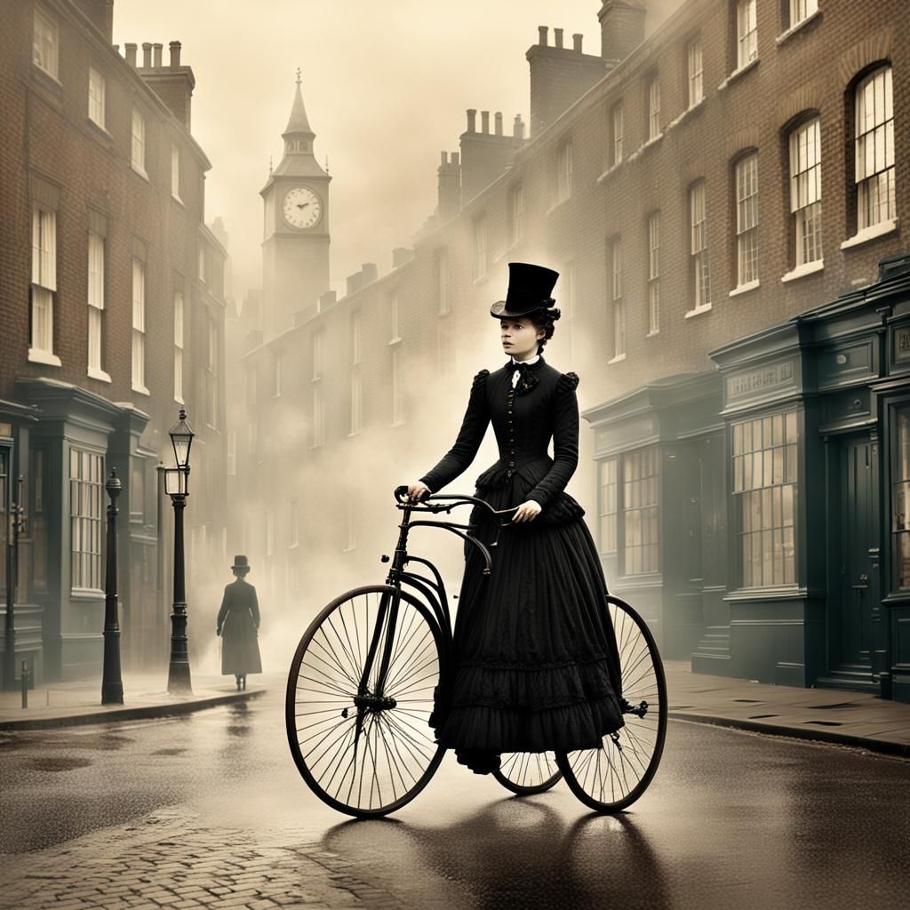 Victorian Fantasy: Girl on Penny Farthing in Misty London