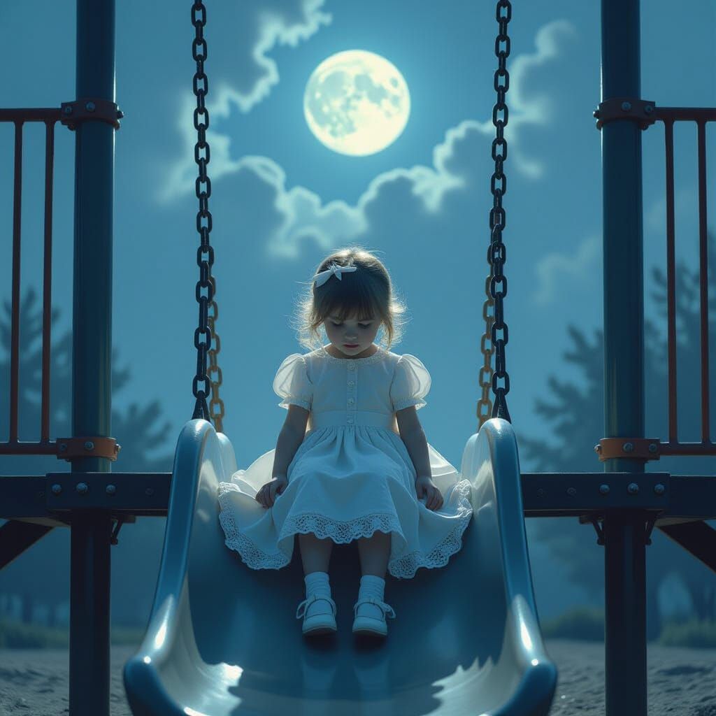 Ethereal Child Ghost on Playground Slide at Night