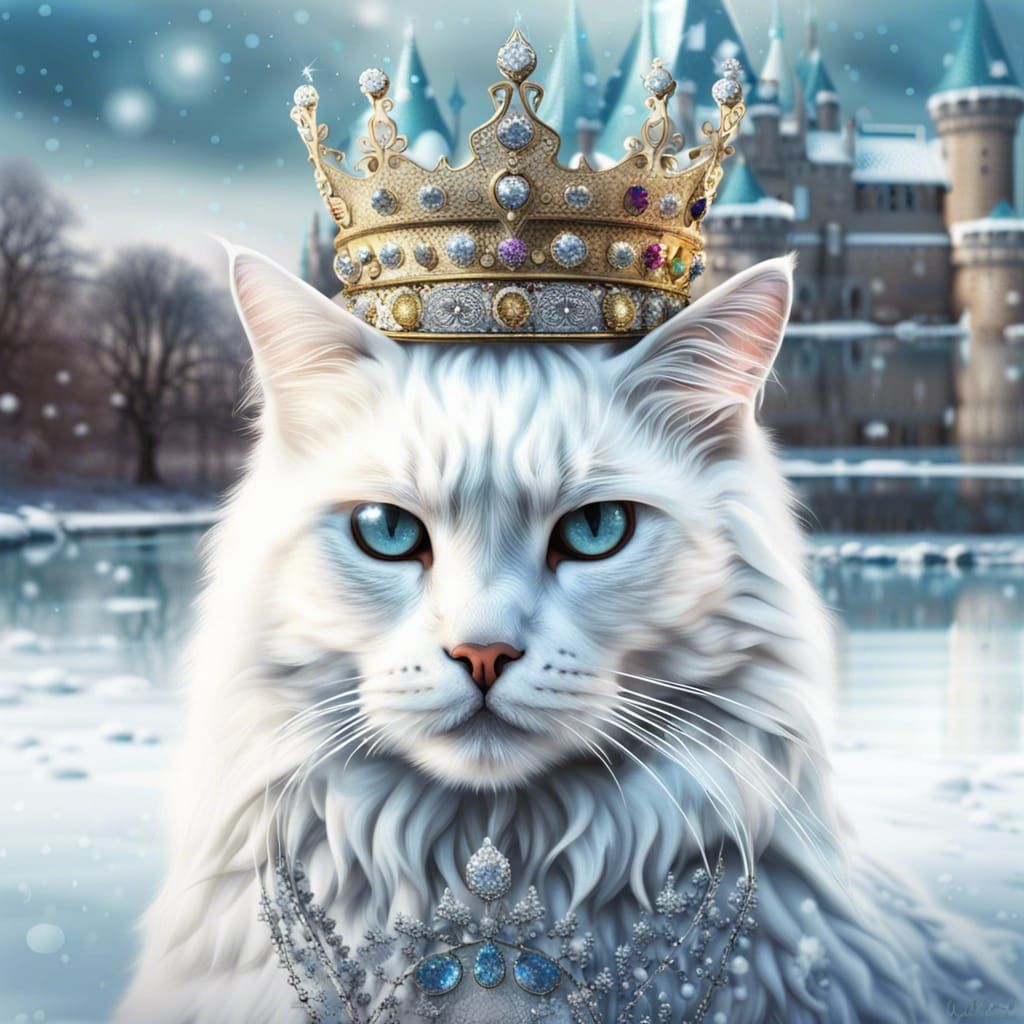 Intricate Royal Cat Portrait in Snowy Castle Garden