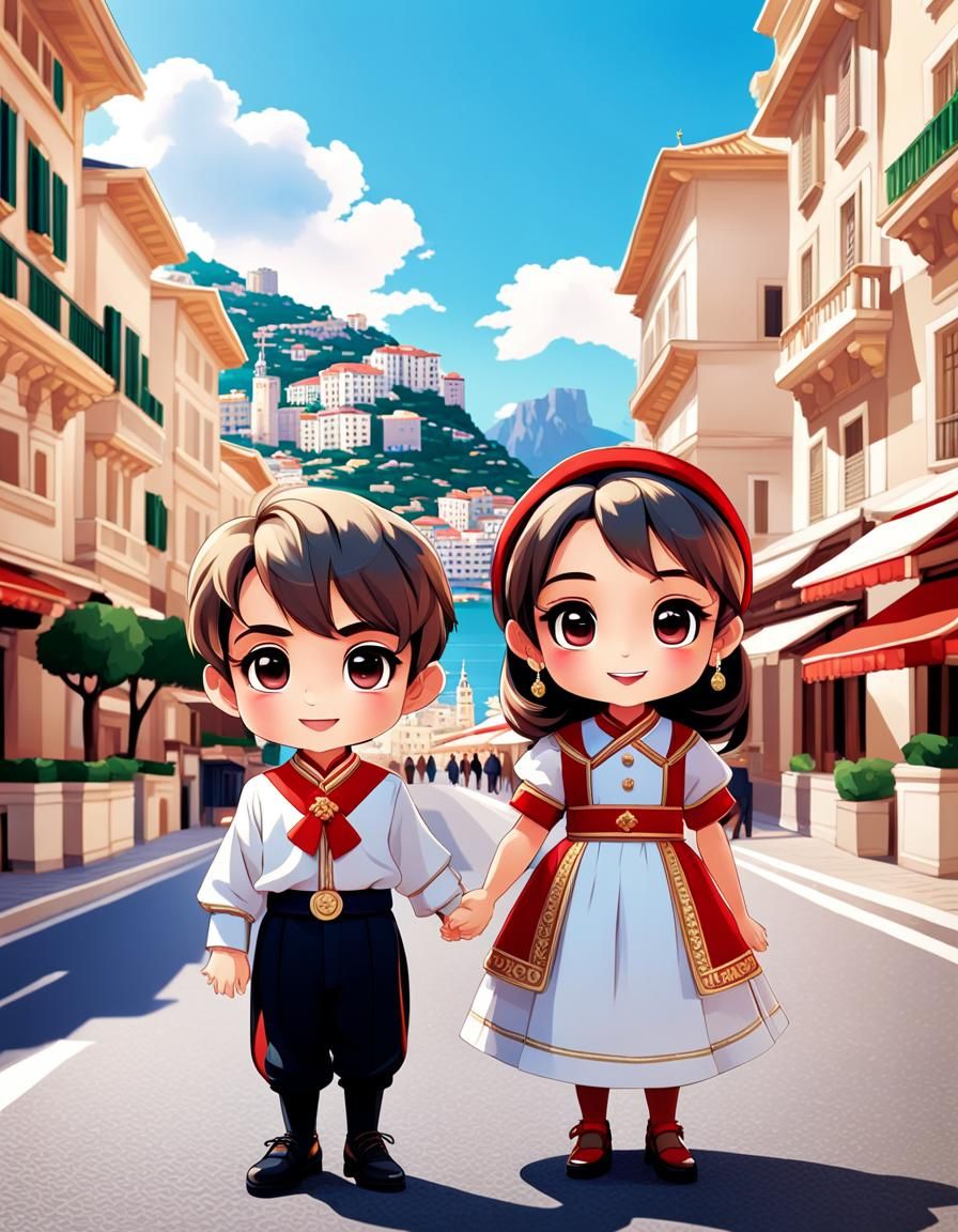 Chibi Characters in Traditional Monaco Dress