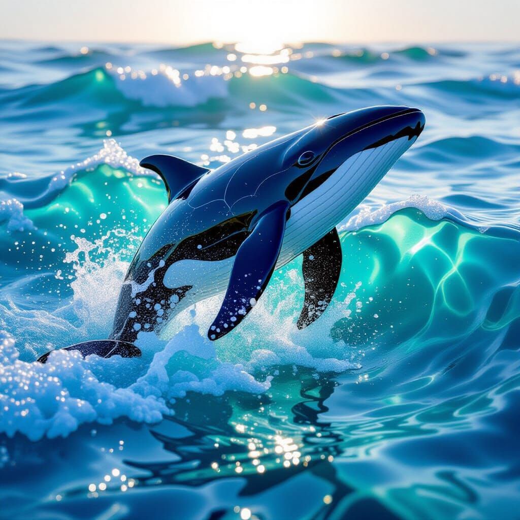 Majestic Sea Glass Whale Breaching in Turbulent Ocean