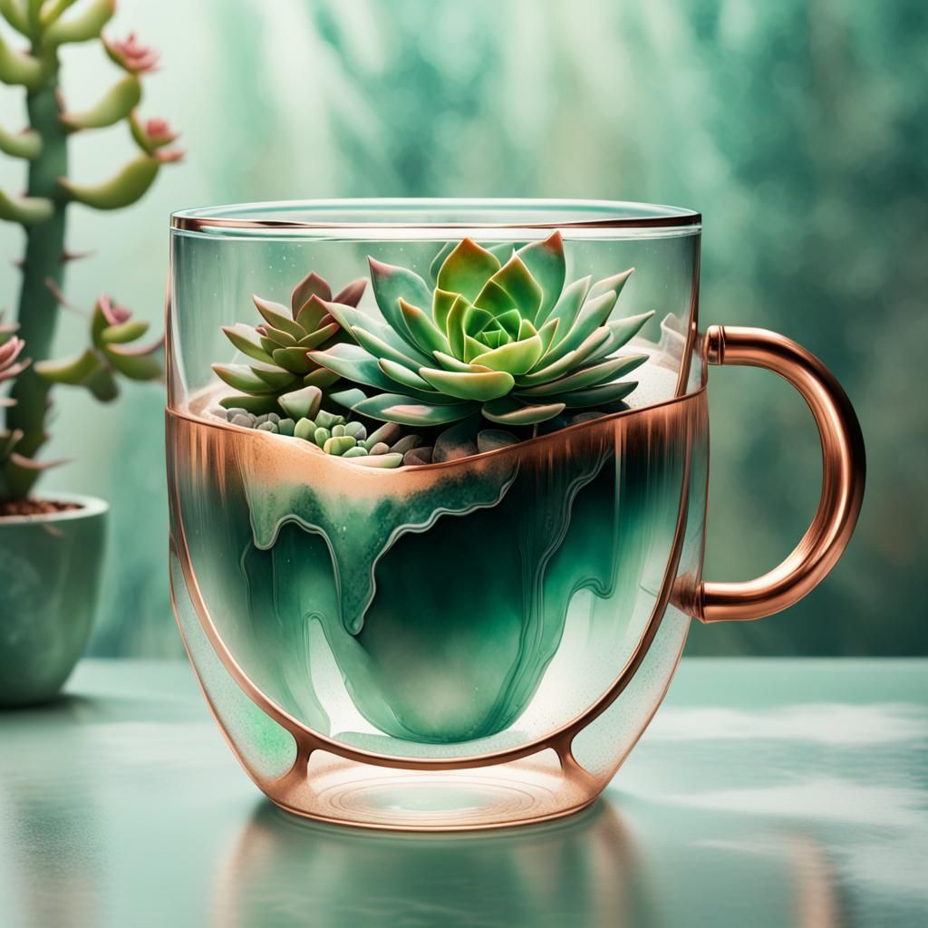 Succulent Terrarium in Glass Cup, Watercolor Art Deco