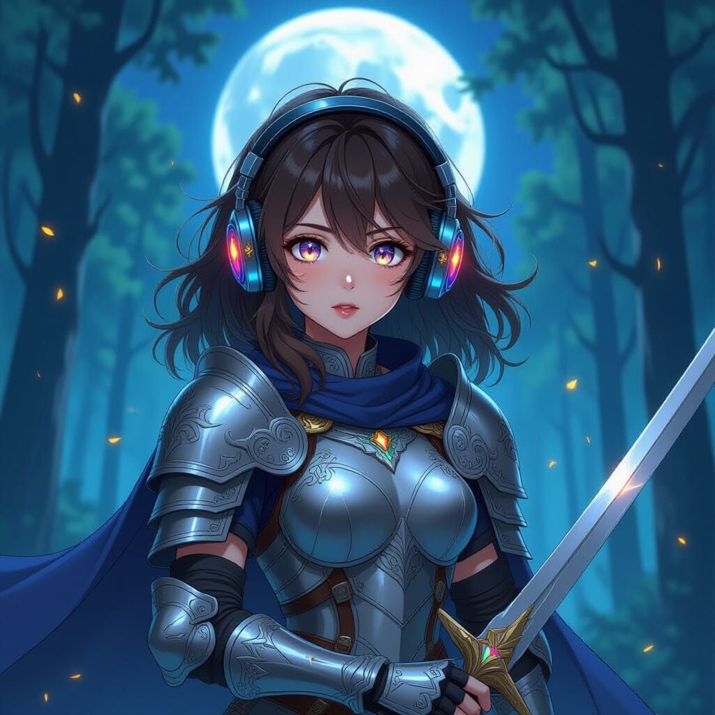 Anime Warrior Girl in Moonlit Forest