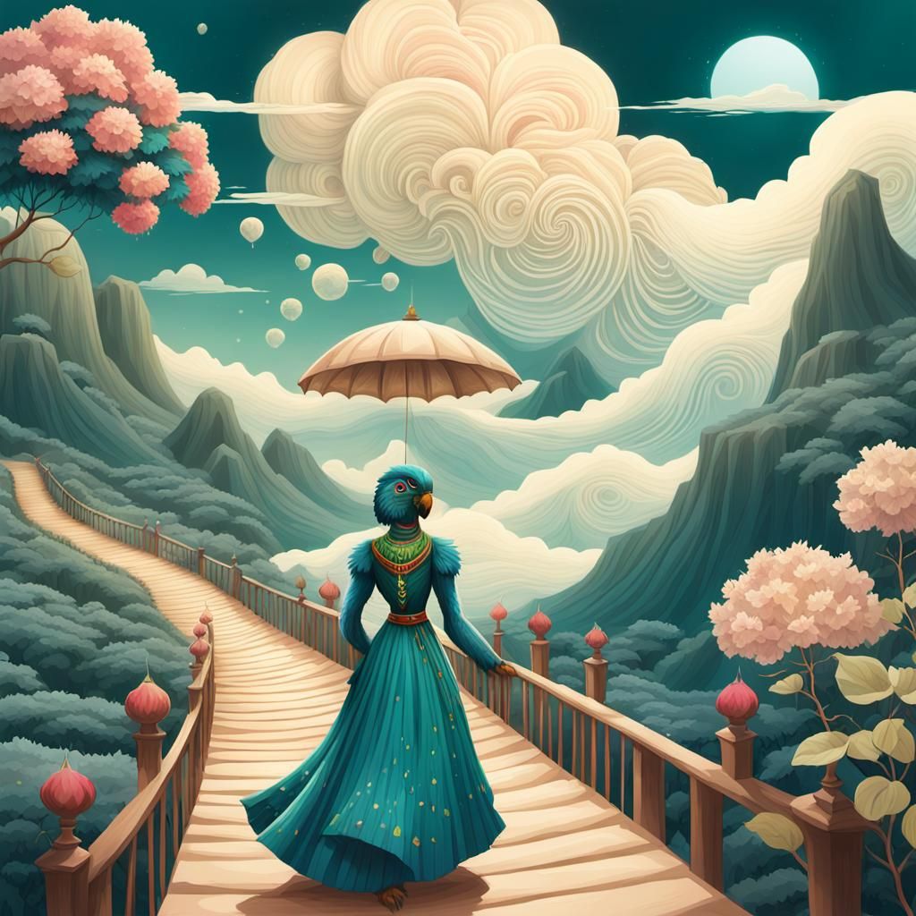 Vibrant Bhil Art: Parrot and Bougainvillea Landscape