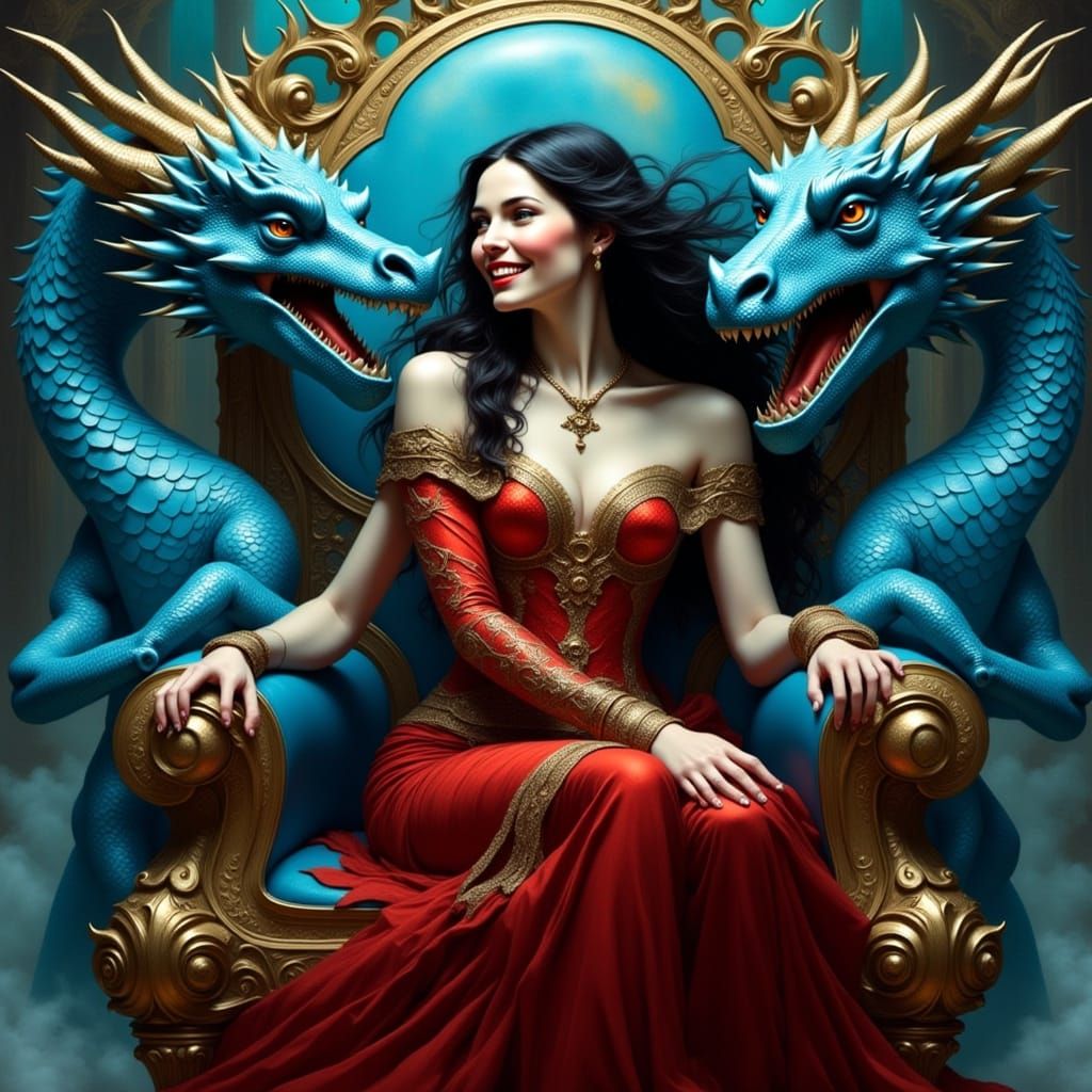 Dragon Queen on Throne in Fantasy Art Style