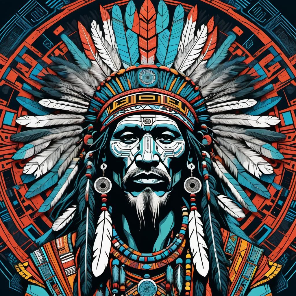 Native Shaman in Detailed Geometric Screen Print