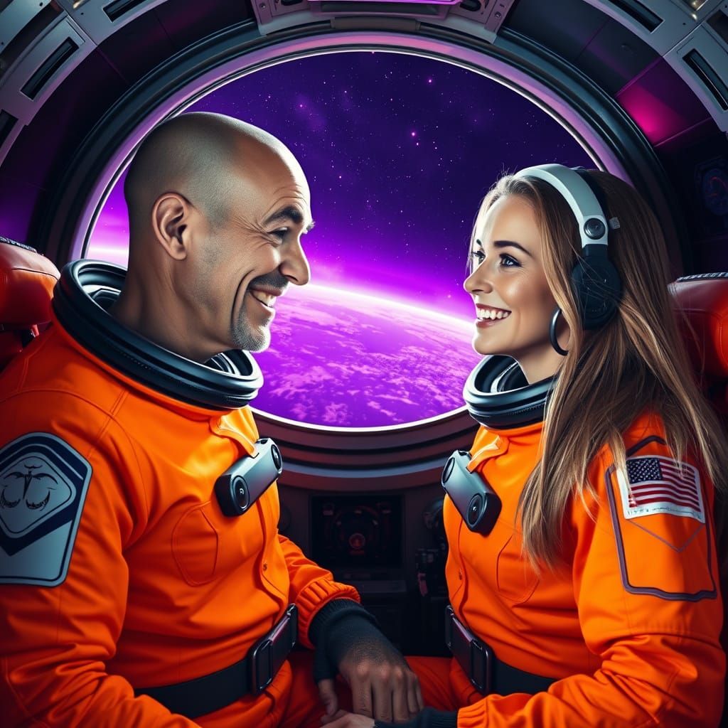 Cosmic Duo in Vibrant Orange Spacesuits Amidst a Purple Univ...