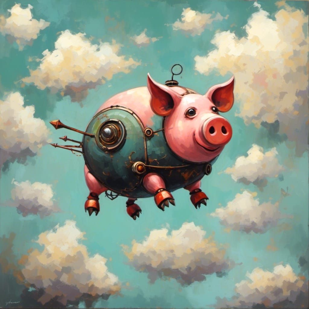 Flying Robot Pig in Abstract Clouds