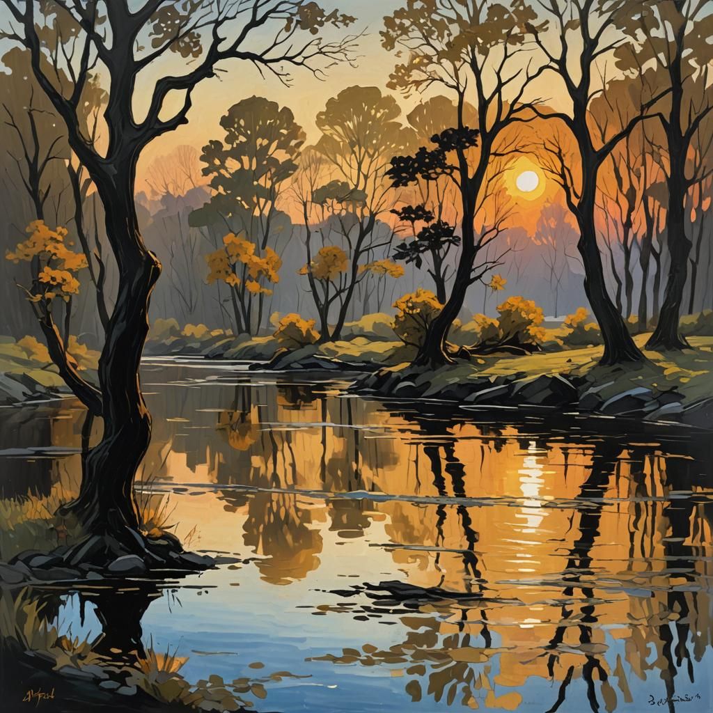 Black and Gold Sunset River in Impressionist Style