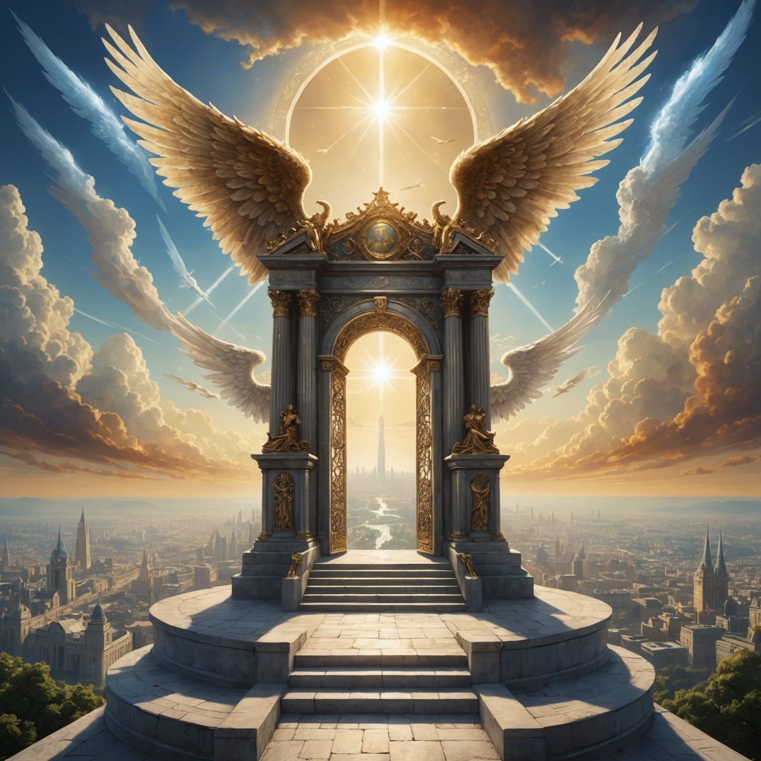 Angelic Throne in Heaven with Cityscape