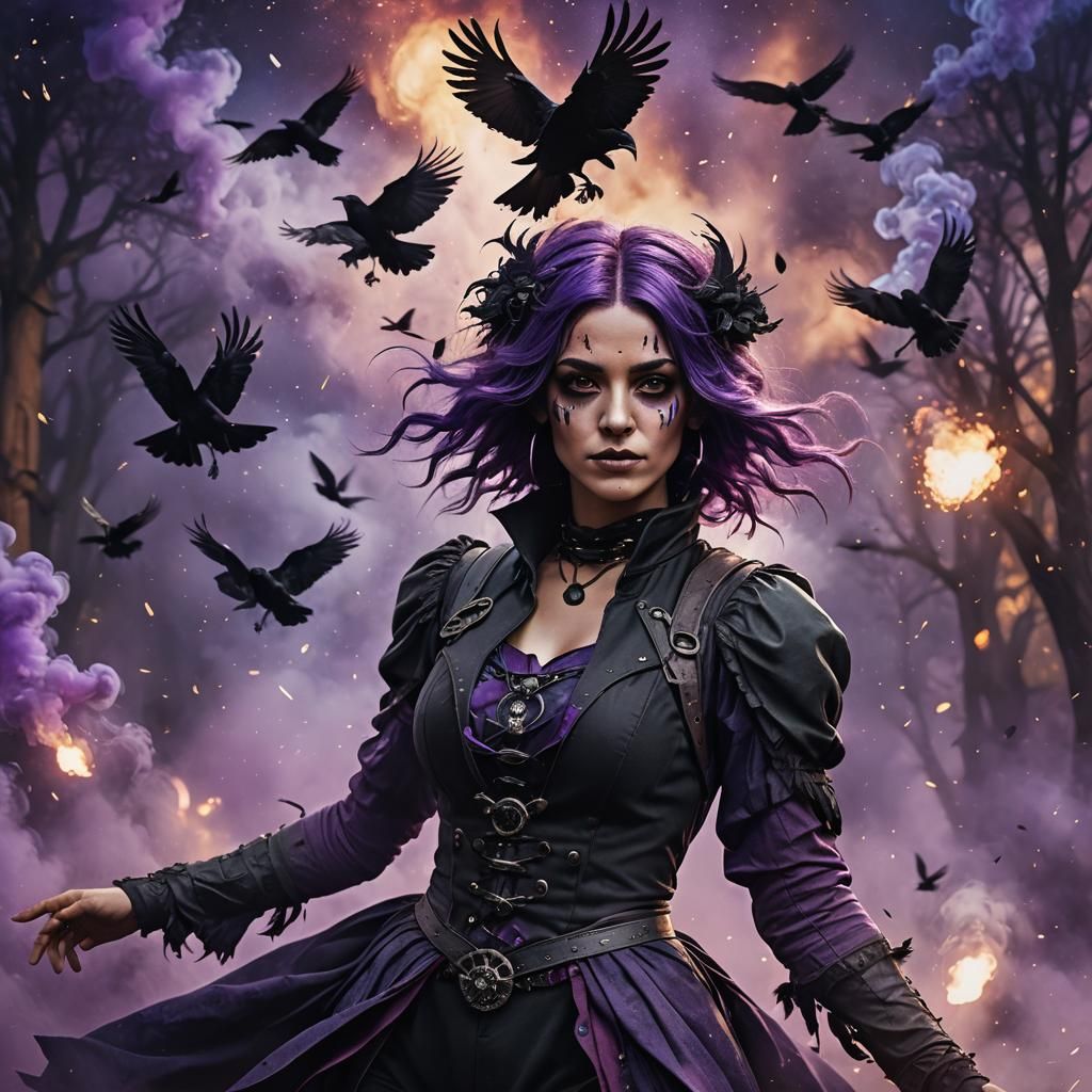 Woman as Crow with Nebula in Art Nouveau Style