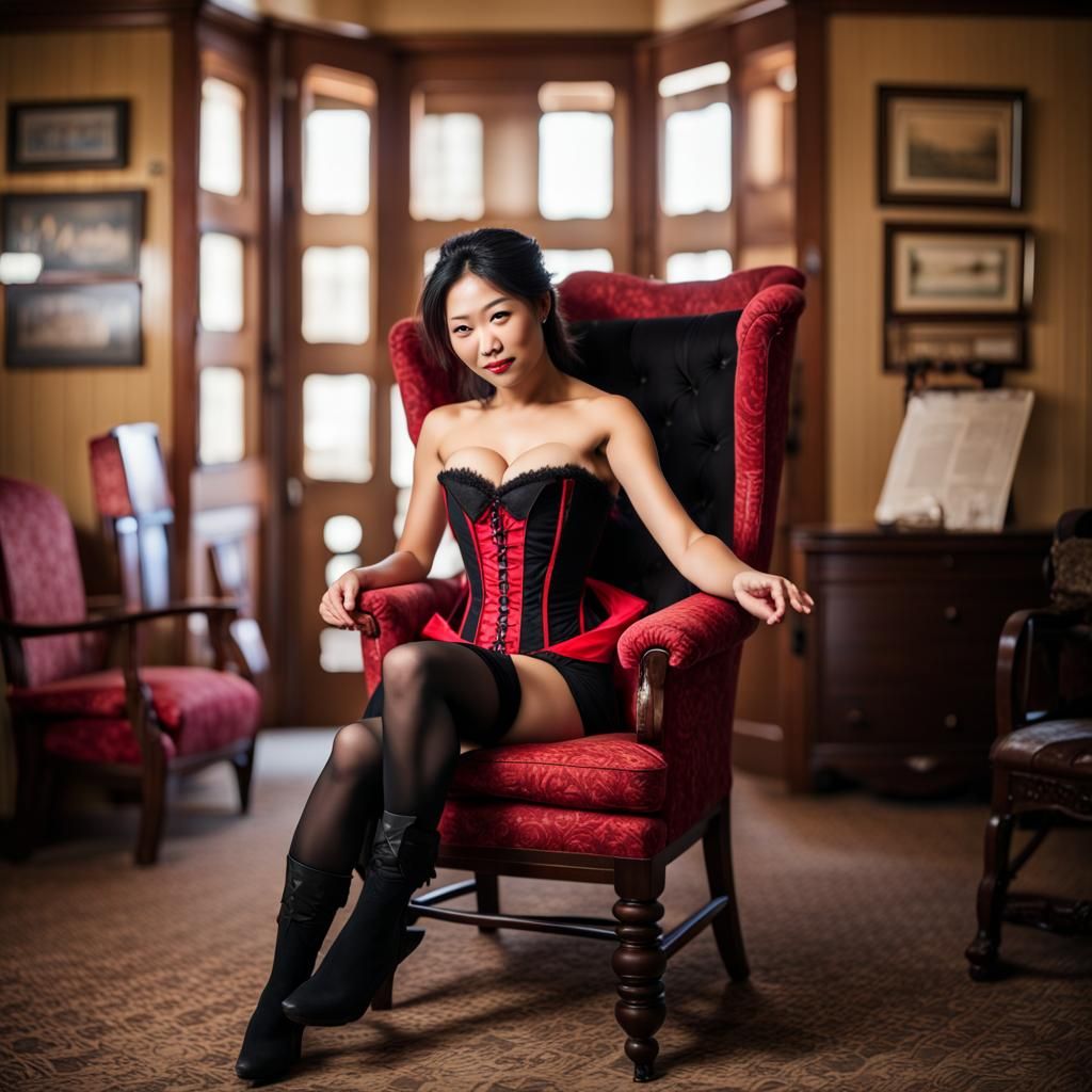 Asian Woman Relaxes in Old West Hotel Room