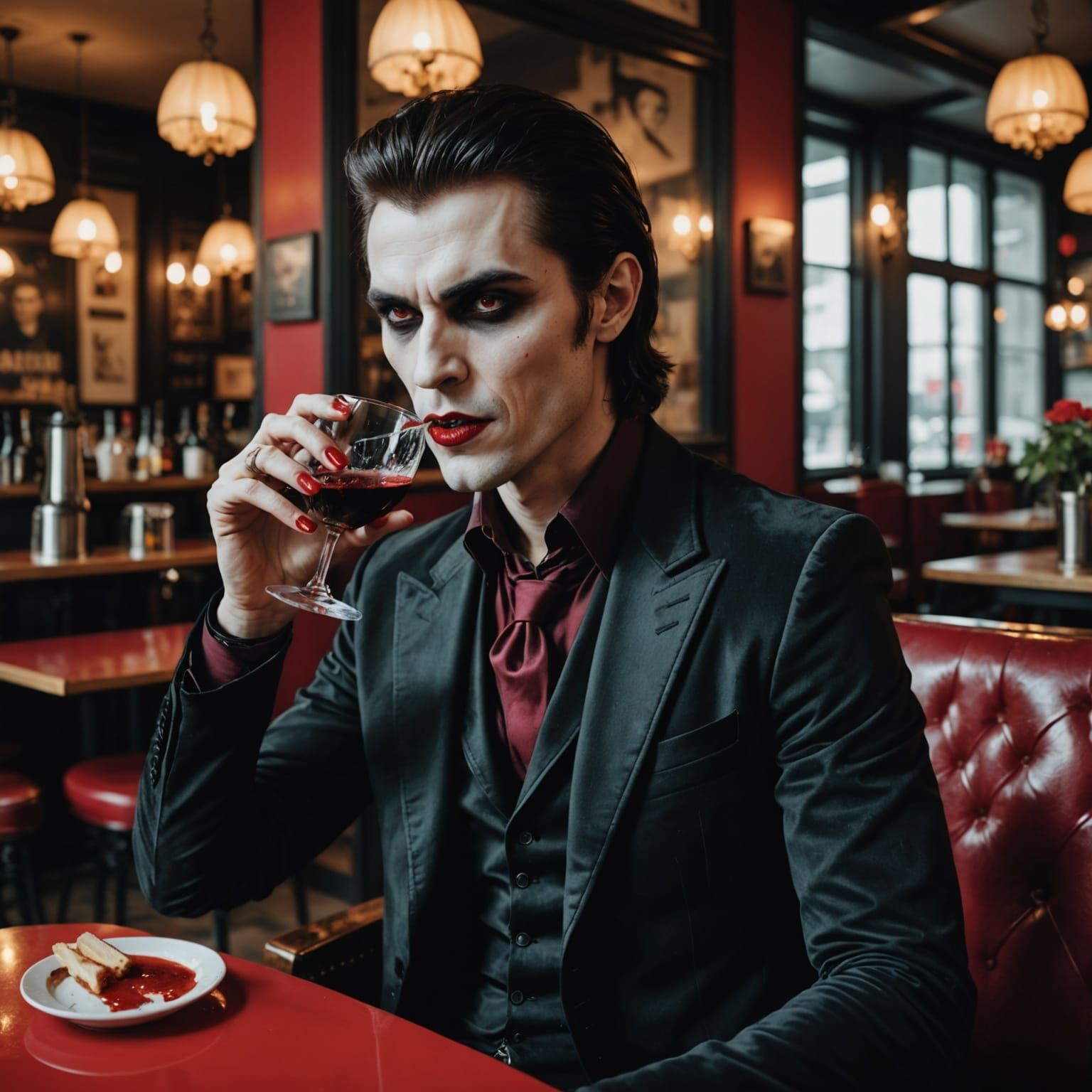 Gothic Vampire Sips Blood Champagne in Trendy Café