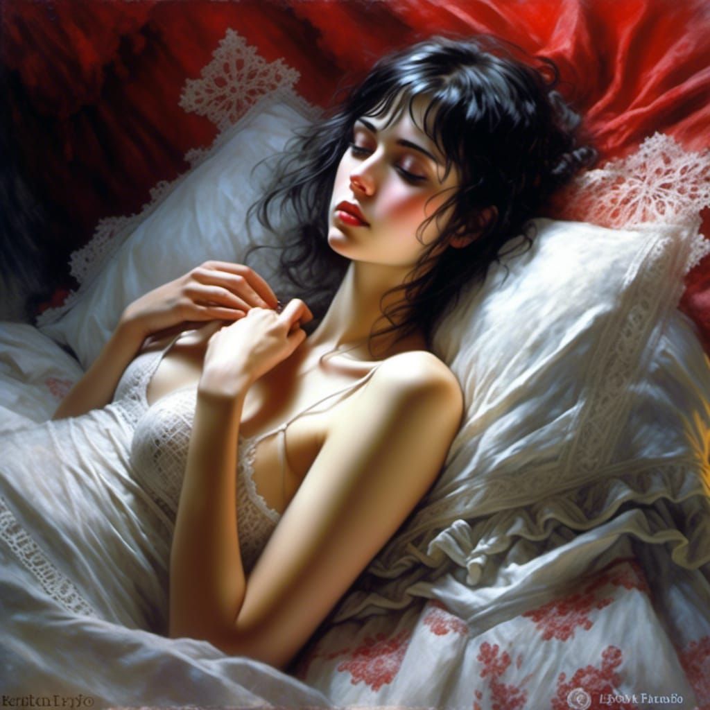 Elegant 1920s Spanish Woman in Bed, Oil Painting