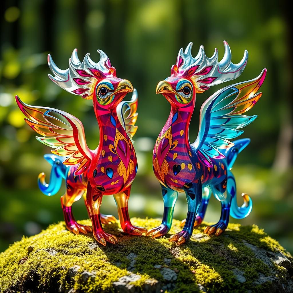 Neon Glass Alebrije Gryphons in Art Nouveau Style