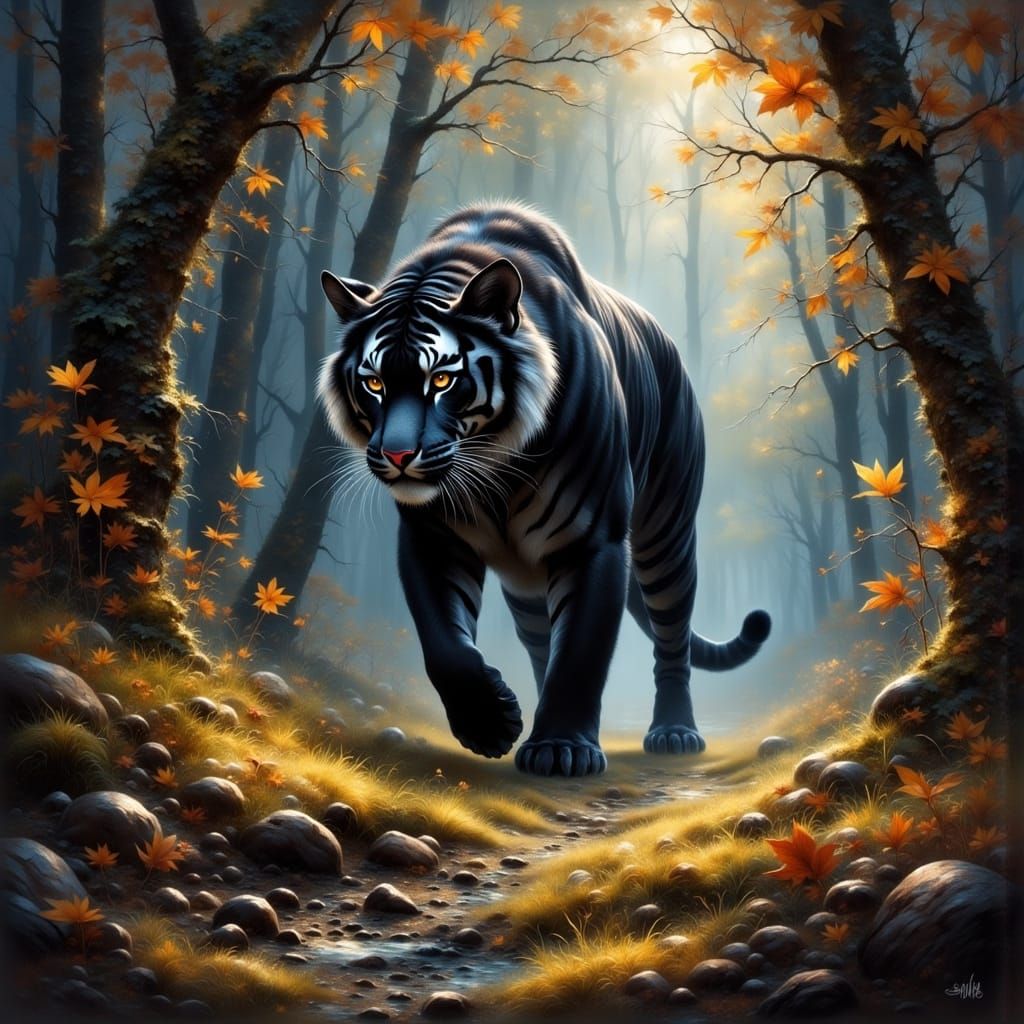 Black Tiger Stalks Through Misty Forest in Oil Painting