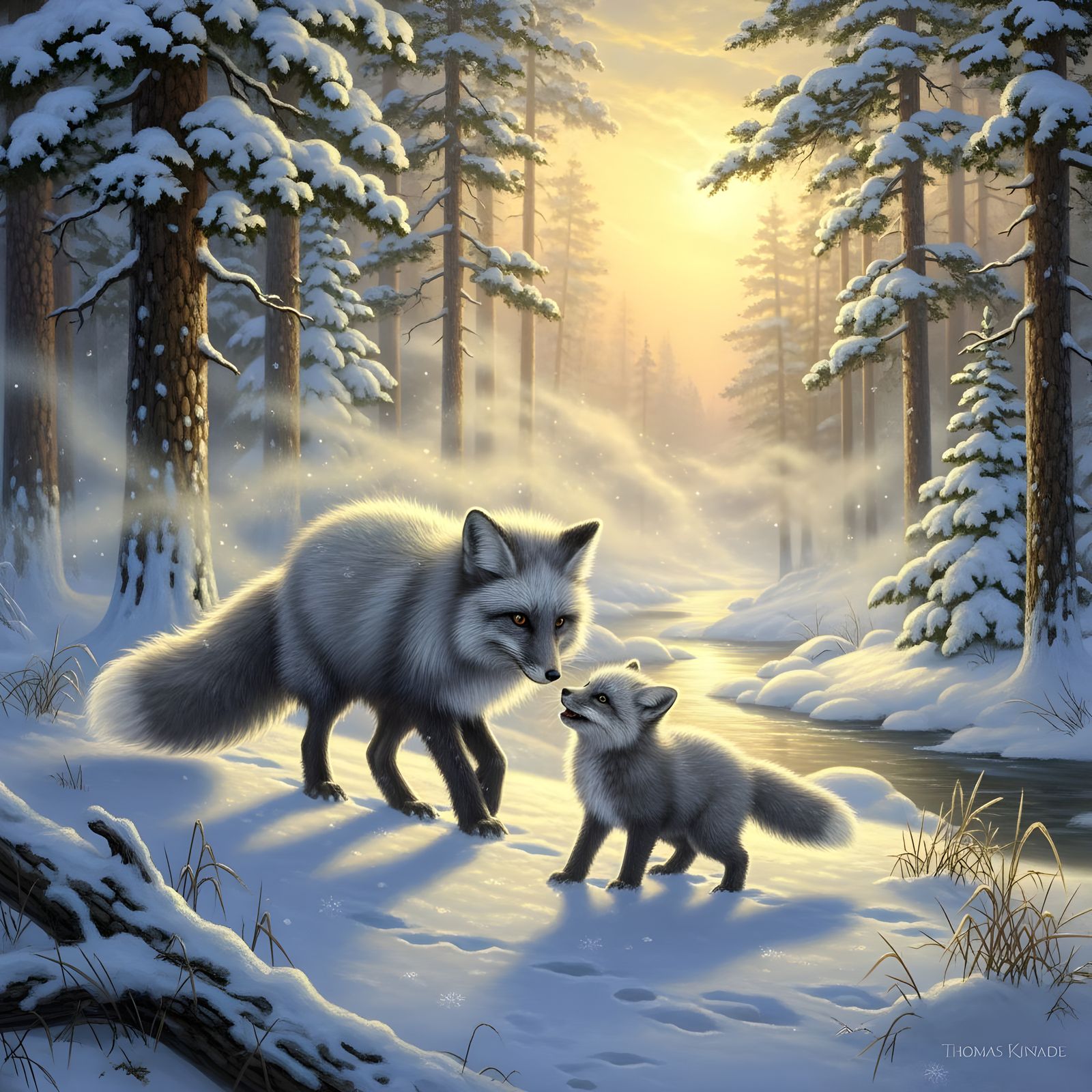 Fluffy Silver Fox Family in Ethereal Snowy Landscape