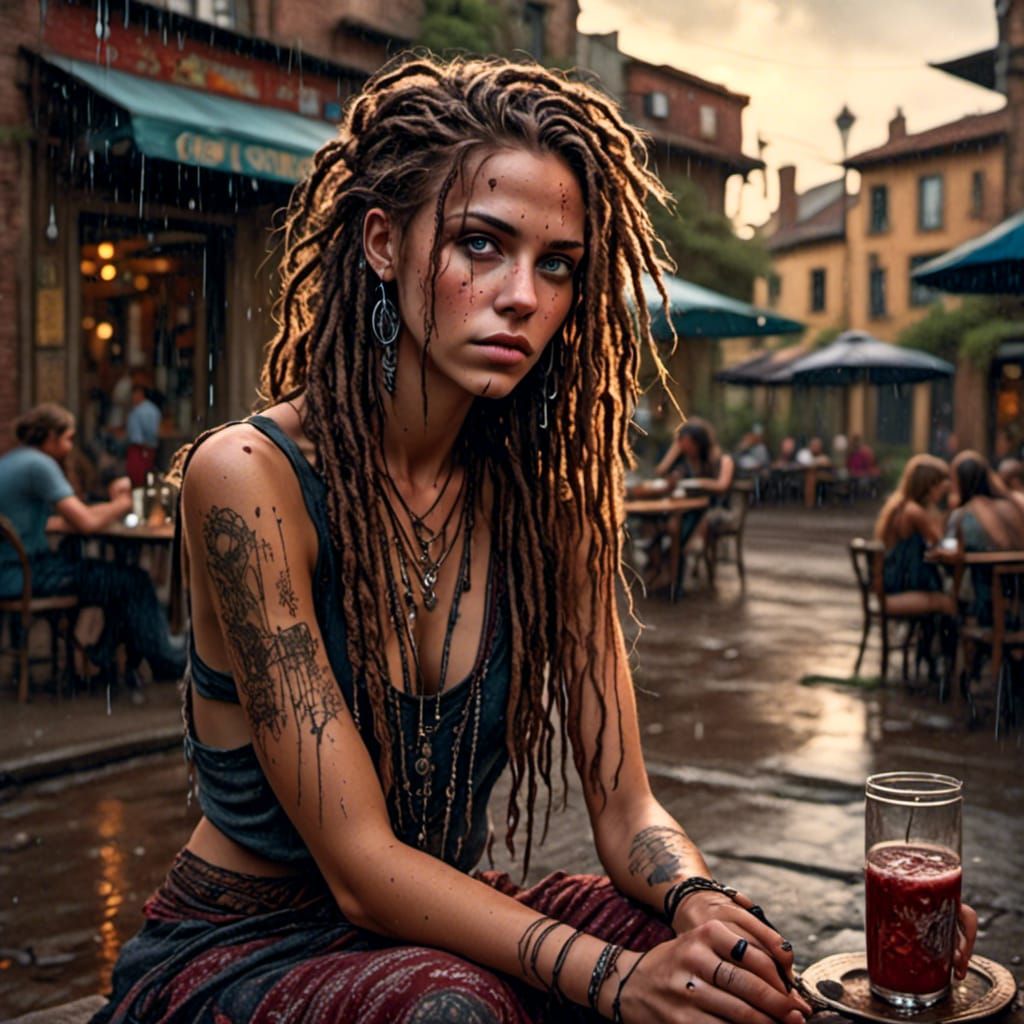 Boho Beauty at Cafe, Photorealistic Digital Art