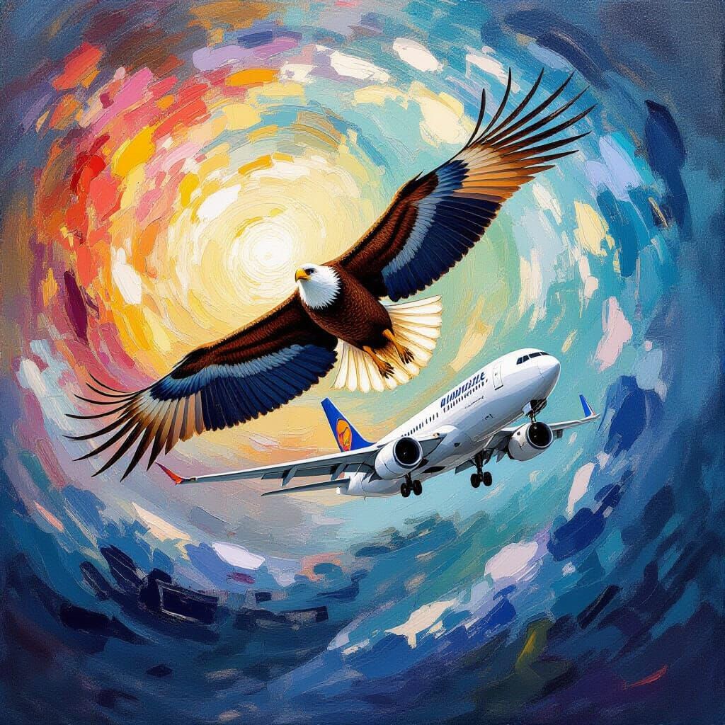 Condor Soars Above Jet in Swirling Color Vortex