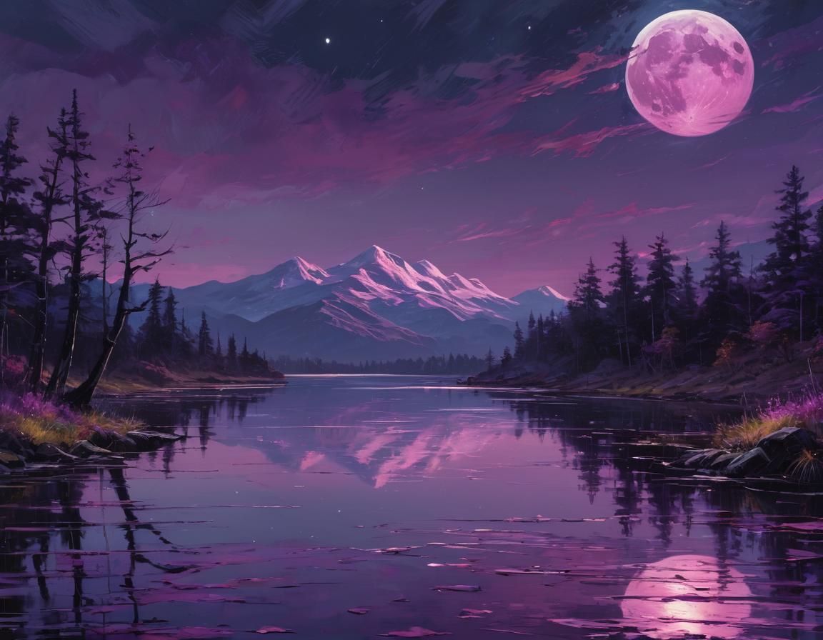 Abstract Oil Painting of a Luminous Moon Landscape