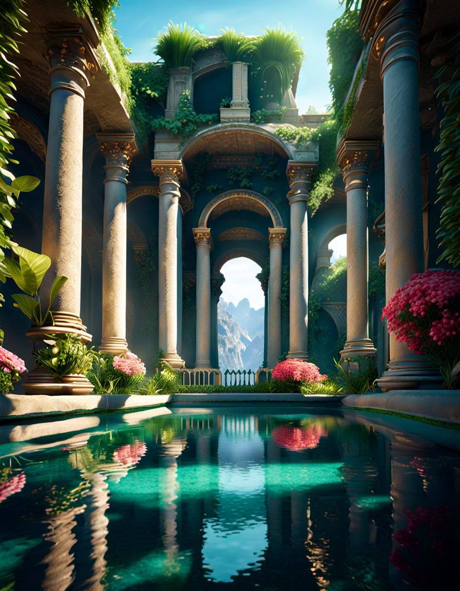 An enchanted garden, surrounded by ornate columns and majestic arches (evolved version)