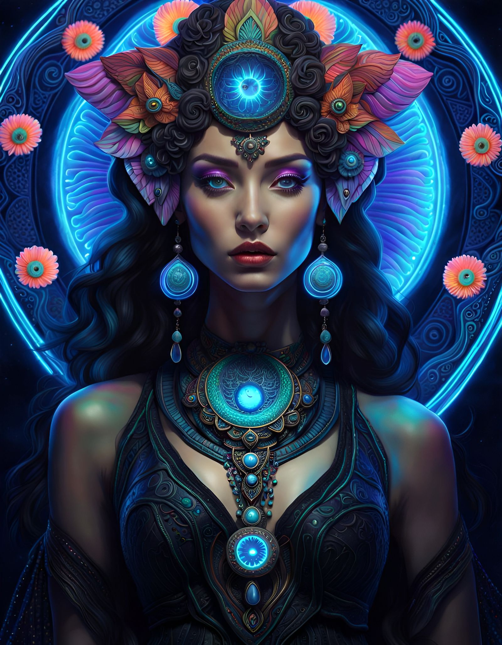 Bioluminescent Goddess Mandala in Psychedelic Black Light