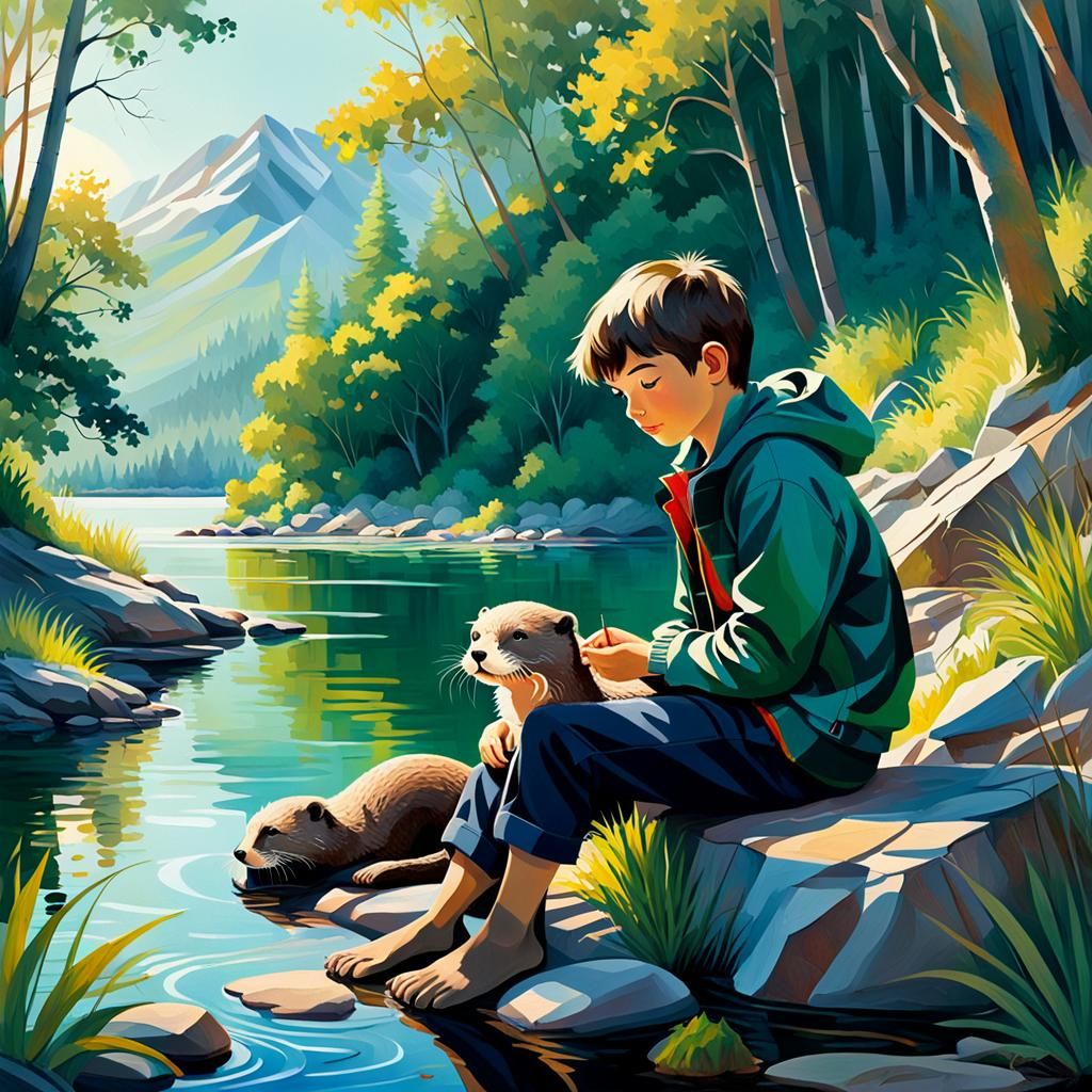 Boy and Otter by Lake in Expressionist Style